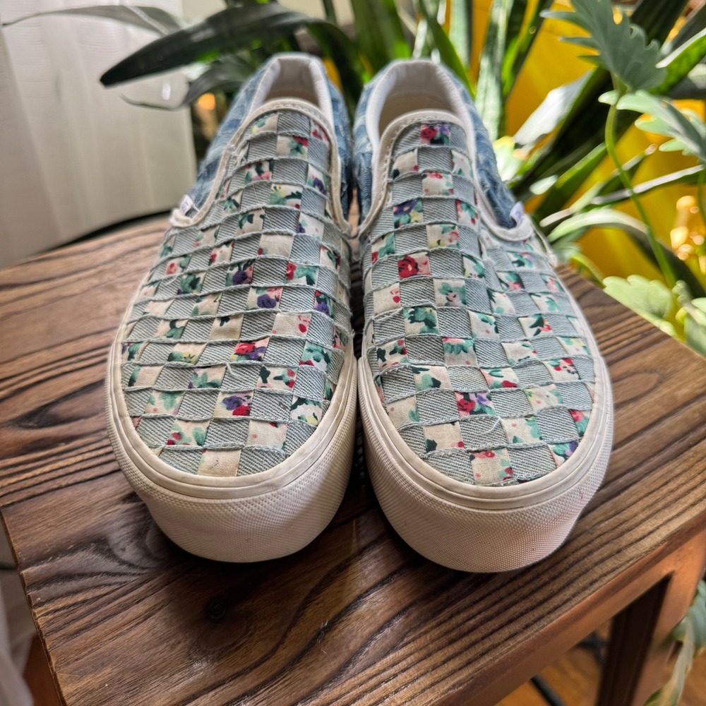 Vans Slip-On Stackform Woven Denim Floral Patchwork Platform Sneakers Womens 8 - Picture 2 of 8
